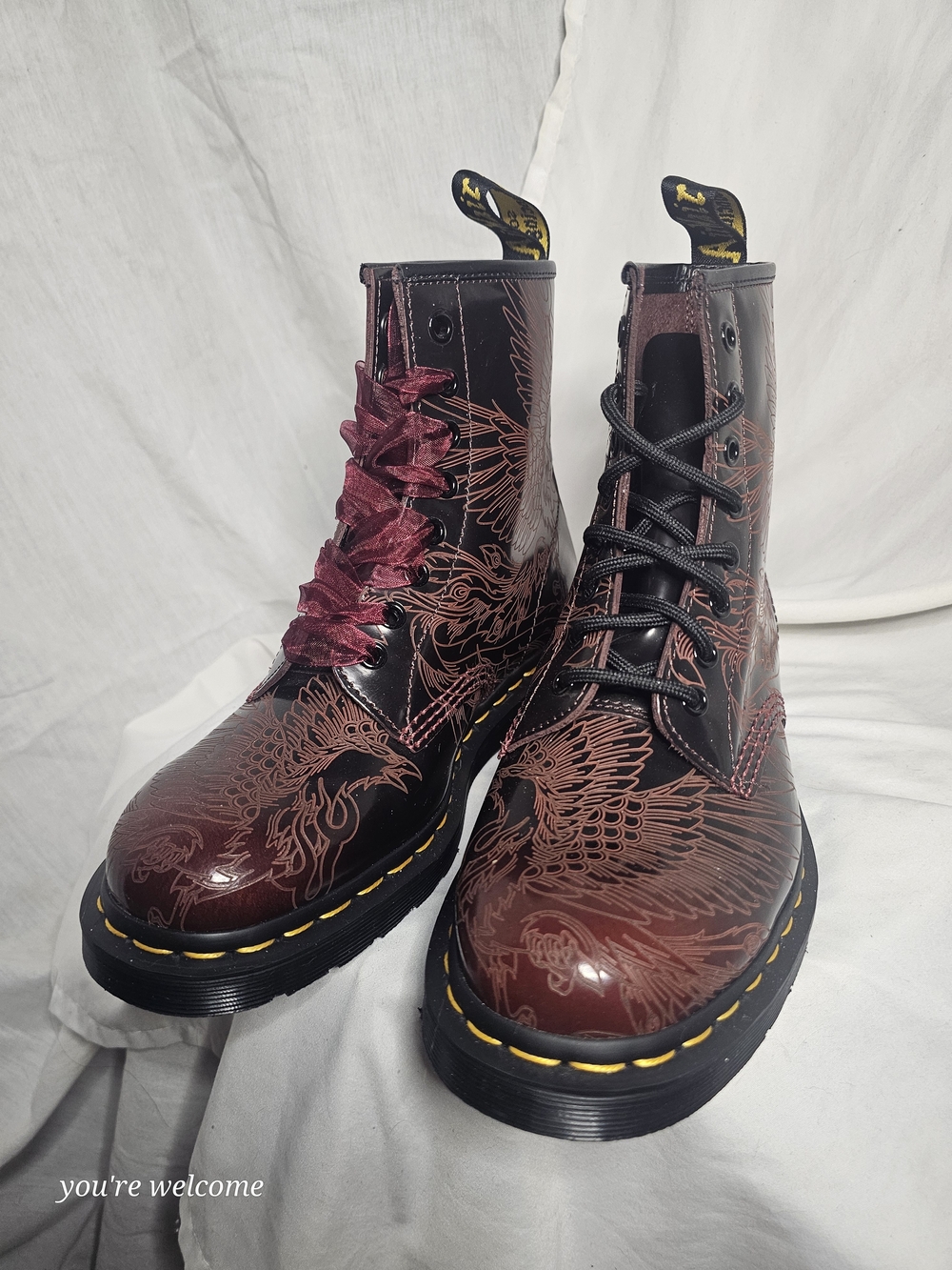 Dr. Martens Arcadia Rub Off Cherry Red Embossed Combat Boots